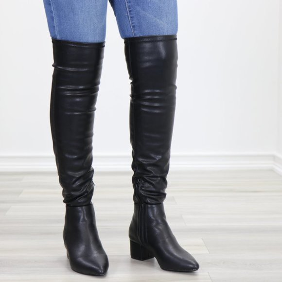 Pointy Toe Over The Knee Black Boots Faux Leather - Picture 10 of 15